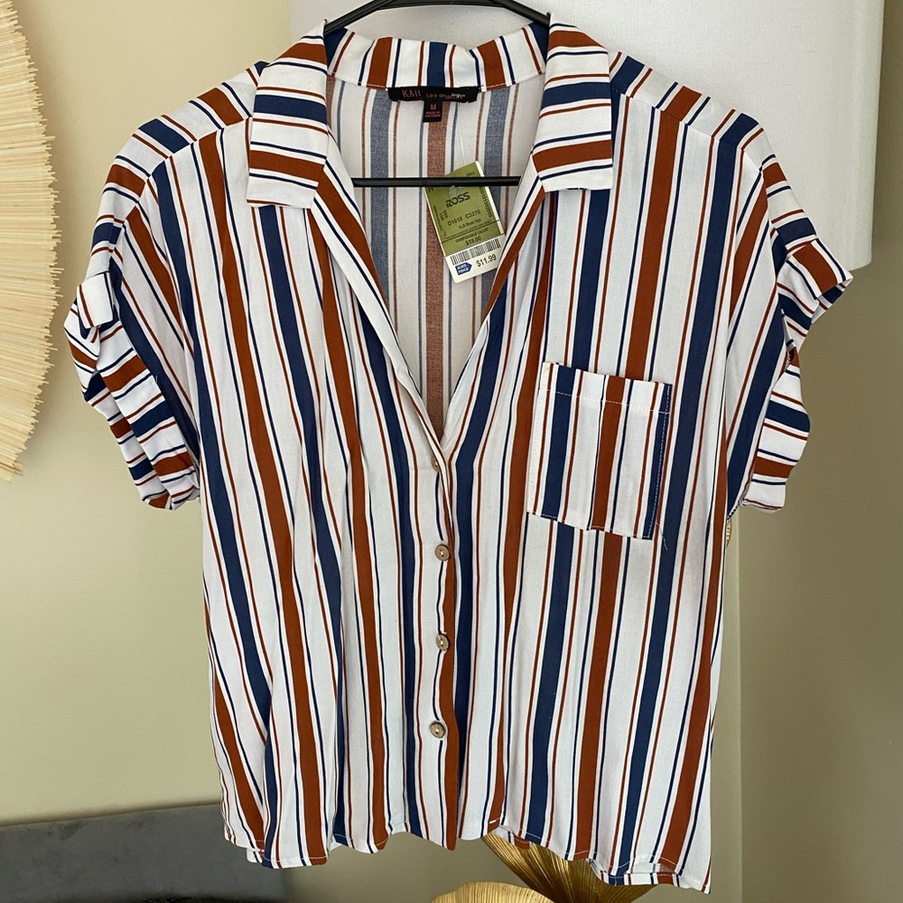 Cropped striped bowling shirt.